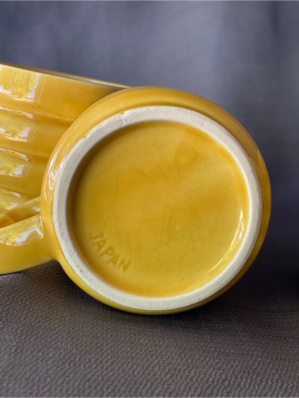 Vintage Yellow Ribbed Mugs Set of 4 Made in Japan Ceramic Heart Handle
